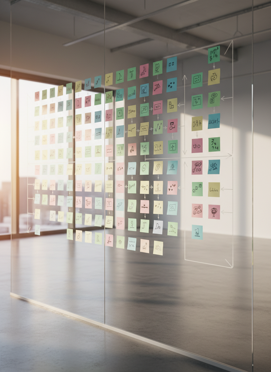 A large, clear glass wall in a modern office is covered with neatly arranged, pastel-colored sticky notes and thin white marker lines forming a structured framework of interconnected boxes and arrows. Each note shows only abstract symbols and shapes, no readable words, suggesting ideas and strategy in motion. The polished concrete floor and minimalist white walls create a professional, uncluttered setting. Late-afternoon natural light washes in from floor-to-ceiling windows off frame, casting long, soft shadows and reflections across the glass. Photographic realism, shot from a three-quarter angle with moderate depth of field, emphasizing the central cluster of notes while the edges blur slightly, conveying organized complexity, strategic thinking, and purposeful change.